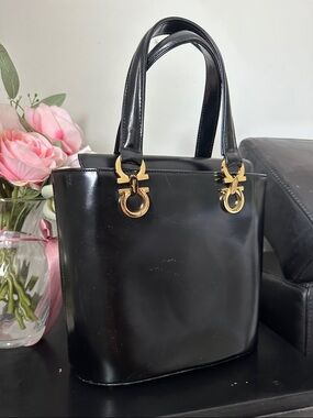 Salvatore Ferragamo Black Leather Satchel with Gold Hardware